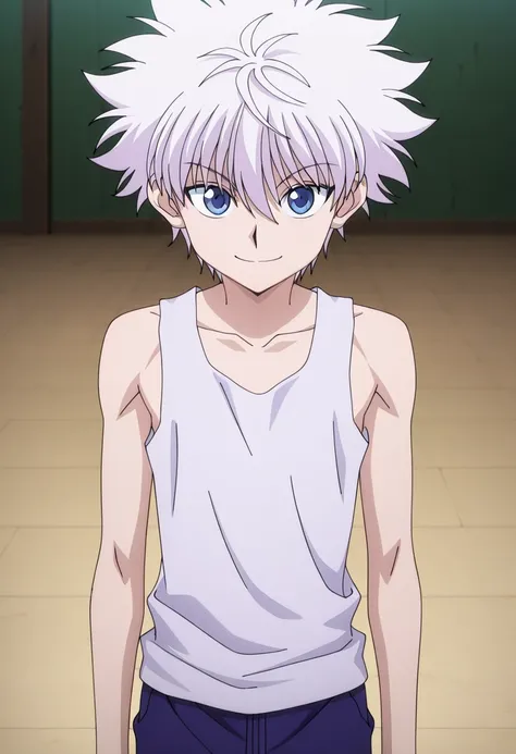 傑作、Best quality、Best resolution、Best image quality、amazing quality、 very aesthetic、 absurdres、anime coloring、anime screencap、anime screenshot、1boy、killua zoldick、<lora:killua_zoldyck_ilxl:1>、male focus、solo、white hair、short hair、spiked hair、bangs、blue eyes...