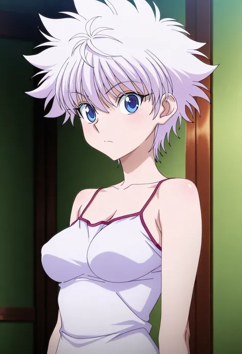 傑作、Best quality、Best resolution、Best image quality、amazing quality、 very aesthetic、 absurdres、anime coloring、anime screencap、anime screenshot、1girl、killua zoldick is a girl、<lora:killua_zoldyck_ilxl:1>、(female:1.4)、female focus、solo、white hair、short hair、s...