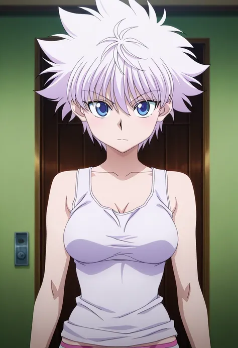 傑作、Best quality、Best resolution、Best image quality、amazing quality、 very aesthetic、 absurdres、anime coloring、anime screencap、anime screenshot、1girl、killua zoldick is a girl、<lora:killua_zoldyck_ilxl:1>、(female:1.4)、female focus、solo、white hair、short hair、s...