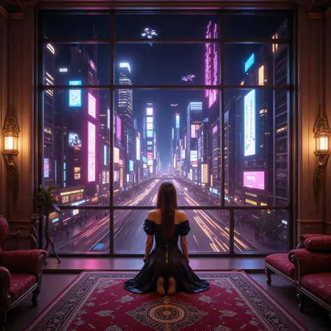  A Cybercity, hyper-realistic cyberpunk style. A woman in luxury at a floor to ceiling window watching a futuristic cityscape. She kneels on a richly patterned rug, a dazzling metropolis unfolds, its towering skyscrapers adorned with bright neon signs and ...