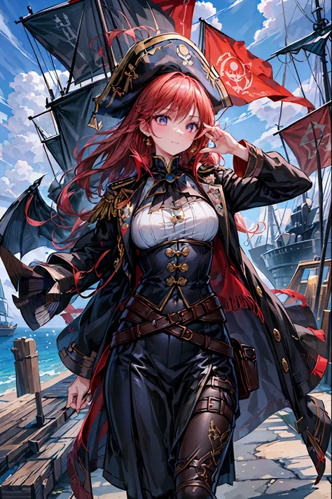 Brilliant Colors,beautiful eyes,A delicate smile,Textured Skin,masterpiece,Kilo,Highest Quality,gentle and beautiful woman,The Enchanted Pirate,A powerful pirate ship,A magnificent ship's hull,A rolling ocean,A vibrant scarlet flag,A pirate captain full of...