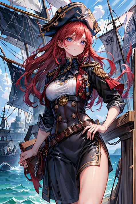 Brilliant Colors,beautiful eyes,A delicate smile,Textured Skin,masterpiece,Kilo,Highest Quality,gentle and beautiful woman,The Enchanted Pirate,A powerful pirate ship,A magnificent ship's hull,A rolling ocean,A vibrant scarlet flag,A pirate captain full of...