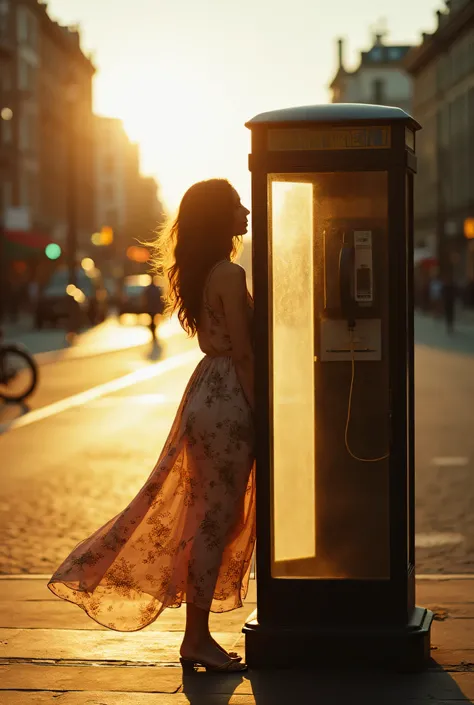 A lone woman in a flowing dress stands by a vintage payphone booth on a city street corner, her delicate floral skirt billowing dramatically in the wind, her hair gently tousled, warm evening golden hour light casting long shadows, urban landscape with sof...