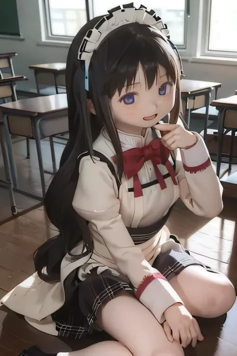 ( High Quality Wavy Lines, beautiful , masterpiece:1.2), ,{X} Perfect Face Pose , (( Homura Akemi's Hairstyle)), shut up, smile, intense , dark haired, Carrying coffee , ,, (((((school classro...