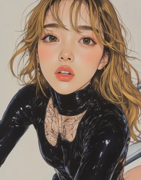 vivid, in en very detailed, Award-Winning Illustrations, professional. Woman with her eyes closed with a kissing face, ((Kiss expression 1.6))、(((Anatomically correct body))), portrait、face focus、sketch style、gold-colored gradation hair、emerald eyes、wearin...