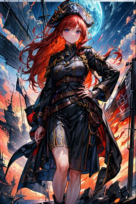 Brilliant Colors,beautiful eyes,A delicate smile,Textured Skin,masterpiece,Kilo,Highest Quality,gentle and beautiful woman,The Enchanted Pirate,A powerful pirate ship,A magnificent ship's hull,A rolling ocean,A vibrant scarlet flag,A pirate captain full of...