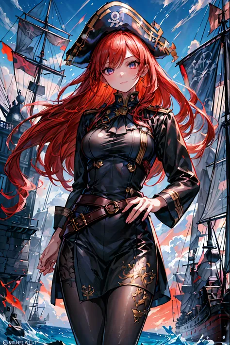 Brilliant Colors,beautiful eyes,A delicate smile,Textured Skin,masterpiece,Kilo,Highest Quality,gentle and beautiful woman,The Enchanted Pirate,A powerful pirate ship,A magnificent ship's hull,A rolling ocean,A vibrant scarlet flag,A pirate captain full of...