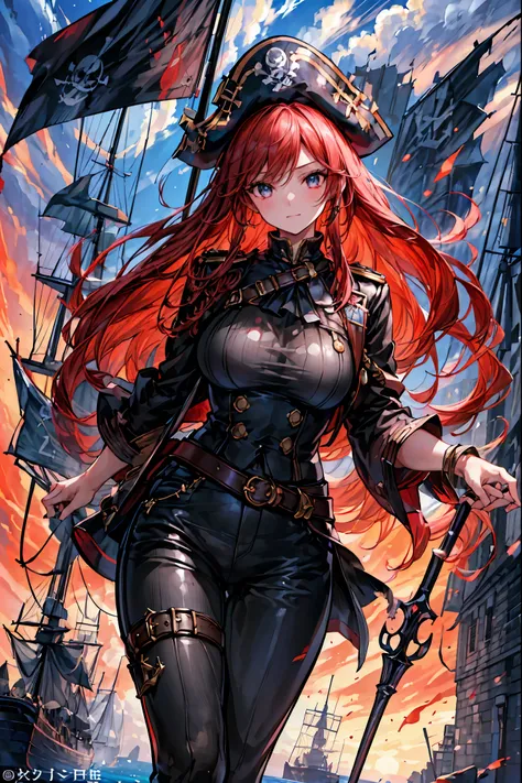 Brilliant Colors,beautiful eyes,A delicate smile,Textured Skin,masterpiece,Kilo,Highest Quality,gentle and beautiful woman,The Enchanted Pirate,A powerful pirate ship,A magnificent ship's hull,A rolling ocean,A vibrant scarlet flag,A pirate captain full of...
