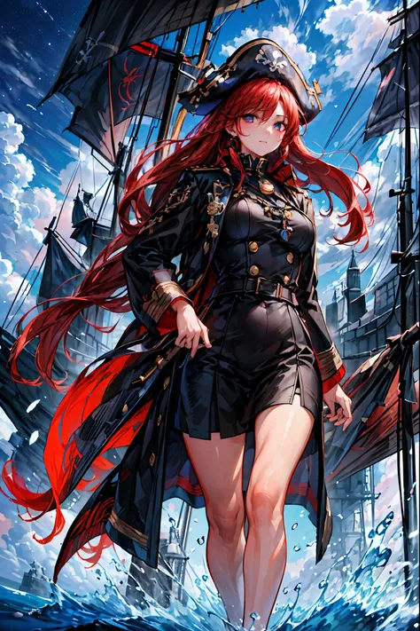 Brilliant Colors,beautiful eyes,A delicate smile,Textured Skin,masterpiece,Kilo,Highest Quality,gentle and beautiful woman,The Enchanted Pirate,A powerful pirate ship,A magnificent ship's hull,A rolling ocean,A vibrant scarlet flag,A pirate captain full of...