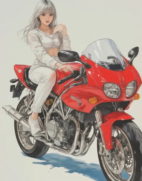vivid, in en very detailed, Award-Winning Illustrations, professional. seduces viewers with her sexy eyes, ((Woman riding a red Ducati:1.6))、(((Anatomically correct body))), portrait、Face Focus、sketch style、silver gradation hair、navy eyes、wearing a white r...
