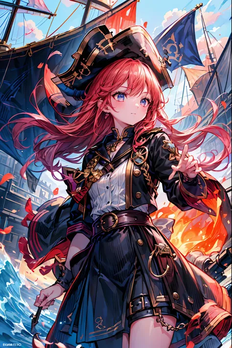 Brilliant Colors,beautiful eyes,A delicate smile,Textured Skin,masterpiece,Kilo,Highest Quality,gentle and beautiful woman,Pirate Fleet，無数のsailが旗めく，sail，The Enchanted Pirate,A powerful pirate ship,A magnificent ship's hull,A rolling ocean,A vibrant scarlet...