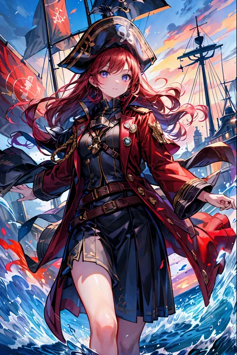 Brilliant Colors,beautiful eyes,A delicate smile,Textured Skin,masterpiece,Kilo,Highest Quality,gentle and beautiful woman,Pirate Fleet，無数のsailが旗めく，sail，The Enchanted Pirate,A powerful pirate ship,A magnificent ship's hull,A rolling ocean,A vibrant scarlet...