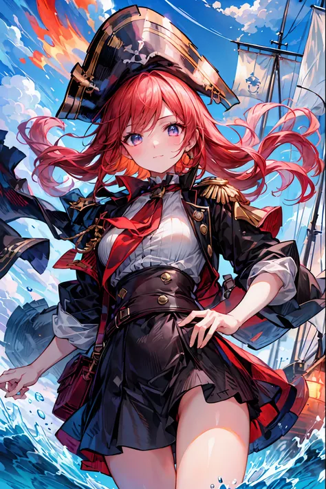 Brilliant Colors,beautiful eyes,A delicate smile,Textured Skin,masterpiece,Kilo,Highest Quality,gentle and beautiful woman,Pirate Fleet,無数のsailが旗めく,sail,The Enchanted Pirate,A powerful pirate ship,A magnificent ship's hull,A rolling ocean,A vibrant scarlet...