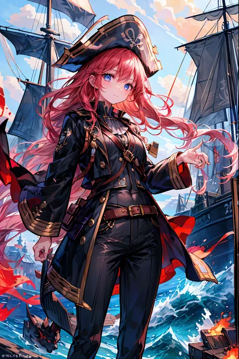 Brilliant Colors,beautiful eyes,A delicate smile,Textured Skin,masterpiece,Kilo,Highest Quality,gentle and beautiful woman,Pirate Fleet，無数のsailが旗めく，sail，The Enchanted Pirate,A powerful pirate ship,A magnificent ship's hull,A rolling ocean,A vibrant scarlet...