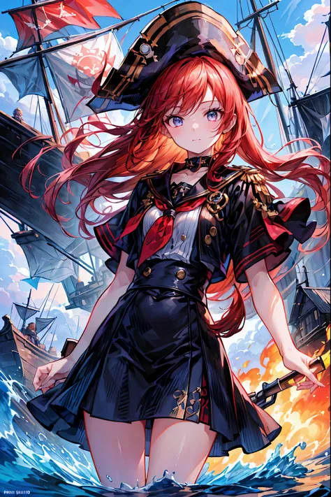 Brilliant Colors,beautiful eyes,A delicate smile,Textured Skin,masterpiece,Kilo,Highest Quality,gentle and beautiful woman,Pirate Fleet，無数のsailが旗めく，sail，The Enchanted Pirate,A powerful pirate ship,A magnificent ship's hull,A rolling ocean,A vibrant scarlet...