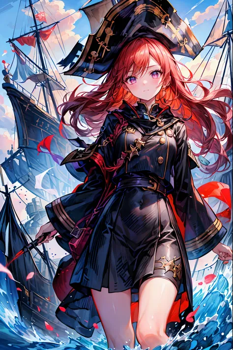 Brilliant Colors,beautiful eyes,A delicate smile,Textured Skin,masterpiece,Kilo,Highest Quality,gentle and beautiful woman,Pirate Fleet，無数のsailが旗めく，sail，The Enchanted Pirate,A powerful pirate ship,A magnificent ship's hull,A rolling ocean,A vibrant scarlet...
