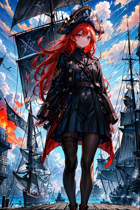 Brilliant Colors,beautiful eyes,A delicate smile,Textured Skin,masterpiece,Kilo,Highest Quality,gentle and beautiful woman,captain，Pirate Fleet，無数のsailが旗めく，sail，The Enchanted Pirate,A powerful pirate ship,A magnificent ship's hull,A rolling ocean,A vibrant...