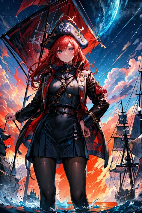 Brilliant Colors,beautiful eyes,A delicate smile,Textured Skin,masterpiece,Kilo,Highest Quality,gentle and beautiful woman,captain，Pirate Fleet，無数のsailが旗めく，sail，The Enchanted Pirate,A powerful pirate ship,A magnificent ship's hull,A rolling ocean,A vibrant...