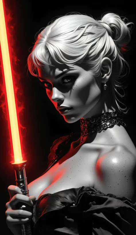 Subject/Composition: Black and white (monochrome), ultra-detailed, cinematic portrait of Una donna giovane e attraente con lunghi capelli bianchi, parzialmente ondulati o leggermente mossi, che ricadono sulle spalle. Ha un’espressione determinata e sensual...