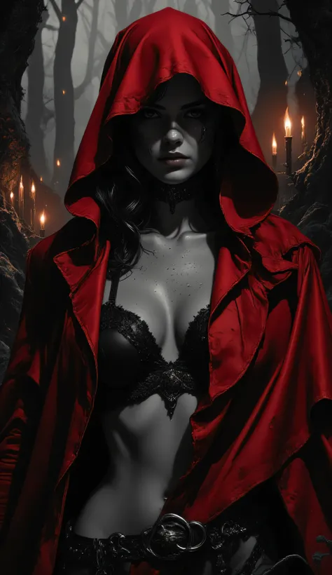 Subject/Composition: Black and white (monochrome), ultra-detailed, cinematic portrait of Una donna misteriosa e sensuale, avvolta in un mantello rosso semitrasparente con cappuccio, indossa lingerie nera e impugna una falce decorata in una foresta oscura e...