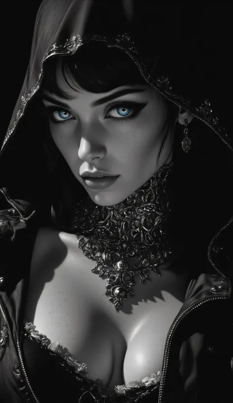 Subject/Composition: Black and white (monochrome), ultra-detailed, cinematic portrait of una figura femminile centrale con penetranti occhi azzurri luminosi. Indossa una rivisitazione gotica e sensuale dell'abito da suora: un cappuccio nero bordato di bian...