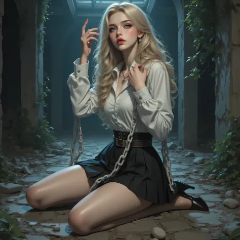 (Girl sitting by the wall of a cellar in the cellar in the cellar in the basement)、(It's wrapped in a white chain女性)、(Highest Quality、超高Resolution、Super Detailed、Live Action Grade)、beautiful sensual and sexy 18-year-old girl, beautiful sensual and sexy you...