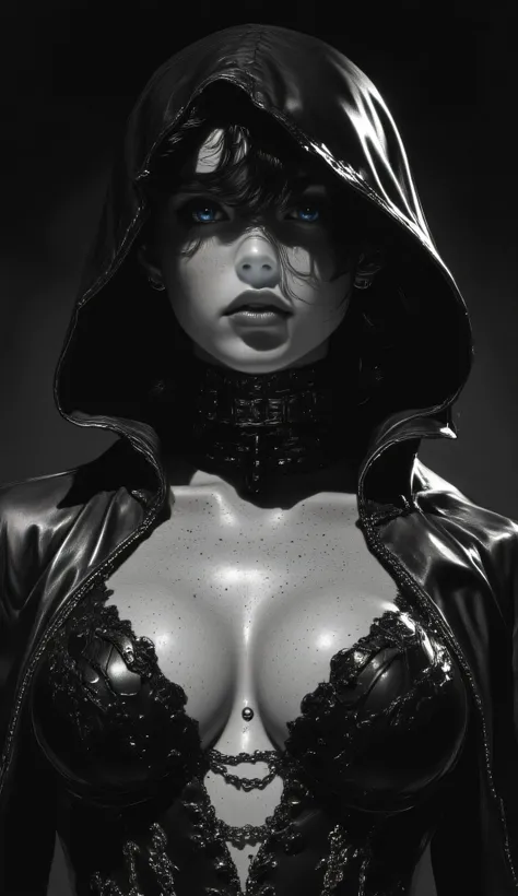 Subject/Composition: Black and white (monochrome), ultra-detailed, cinematic portrait of una figura femminile centrale con penetranti occhi azzurri luminosi. Indossa una rivisitazione gotica e sensuale dell'abito da suora: un cappuccio nero bordato di bian...
