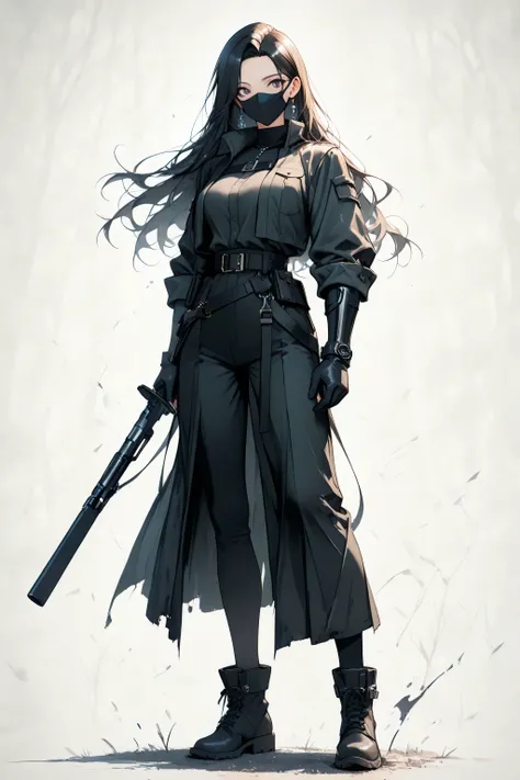 Detailed anime-style character, plain solid background,human, female, adult, standing, full body. A professional, masterfully-rendered portrait. Elegant, dark shinobi shozoku with reinforced plating on forearms and shins, a discreet tanto visible at her hi...