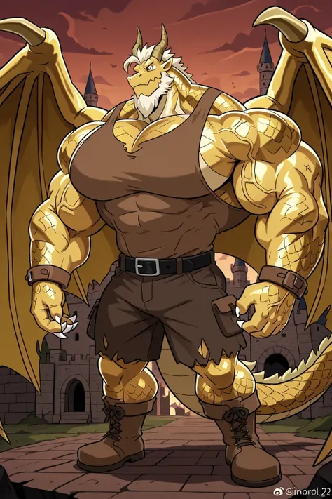 a giant strong muscles golden dragon, golden skin and scales, cartoon 2d style, detailed fantasy dragon, big eyes, muscular dragon body, sharp claws, giant wings, horns, white beard, gigantic chin, ginormous biceps enormous pectorals and powerful abs, scar...