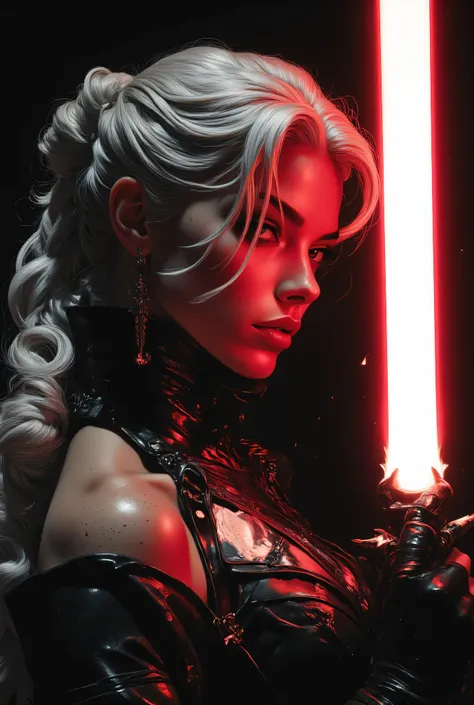 Subject/Composition: Black and white (monochrome), ultra-detailed, cinematic portrait of Una donna giovane e attraente con lunghi capelli bianchi, parzialmente ondulati o leggermente mossi, che ricadono sulle spalle. Ha un’espressione determinata e sensual...