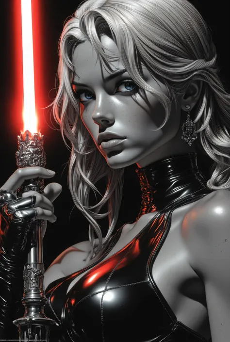 Subject/Composition: Black and white (monochrome), ultra-detailed, cinematic portrait of Una donna giovane e attraente con lunghi capelli bianchi, parzialmente ondulati o leggermente mossi, che ricadono sulle spalle. Ha un’espressione determinata e sensual...