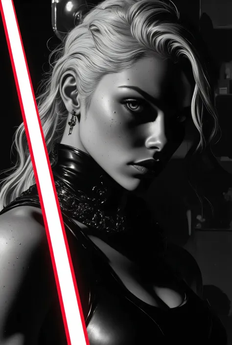 Subject/Composition: Black and white (monochrome), ultra-detailed, cinematic portrait of Una donna giovane e attraente con lunghi capelli bianchi, parzialmente ondulati o leggermente mossi, che ricadono sulle spalle. Ha un’espressione determinata e sensual...