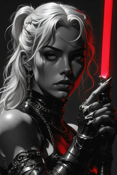 Subject/Composition: Black and white (monochrome), ultra-detailed, cinematic portrait of Una donna giovane e attraente con lunghi capelli bianchi, parzialmente ondulati o leggermente mossi, che ricadono sulle spalle. Ha un’espressione determinata e sensual...