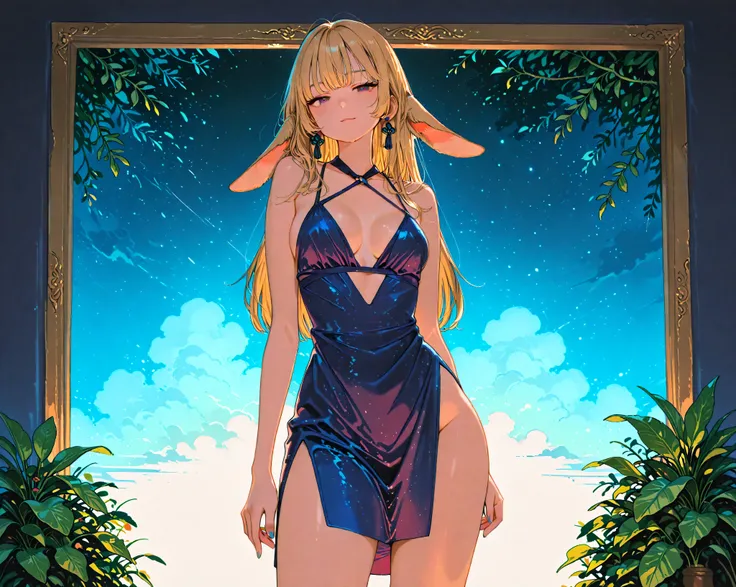 ,<lora:cocktail-dress-illustriousxl-lora-nochekaiser:1>, cocktail dress, halter dress, plunging neckline, center opening, side slit, high-waist, sideboob,animetoreal,eleven, blonde long hair, bangs open in half, tufts on the sides, long ears with blue earr...