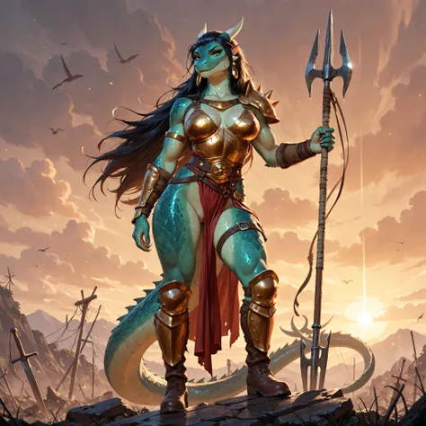 Furry female warrior, anthropomorphic Komodo dragon woman, seductive and strong, tall and athletic, with sensual curves of a slender body, smooth shiny scales, a long reptilian tail, sharp claws, long flowing dark hair, dressed in revealing fantasy armor —...