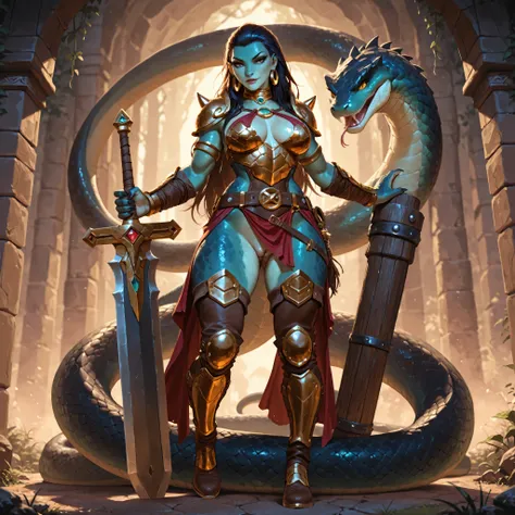 Furry female warrior lizard woman, seductive and strong, tall and athletic, with slender, sensual curves, smooth, shiny scales, a long reptilian tail, sharp claws, and long, flowing dark hair. She is dressed in revealing fantasy armor—leather belts, metal ...