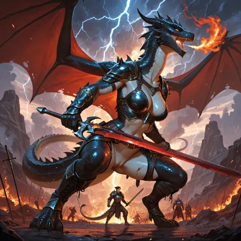A furry female lizard warrior, seductive and strong, tall and athletic, with slender, sensual curves, smooth, shiny scales, a long reptilian tail, sharp claws, and long, flowing dark hair. She is dressed in revealing fantasy armor—leather belts, metal jewe...