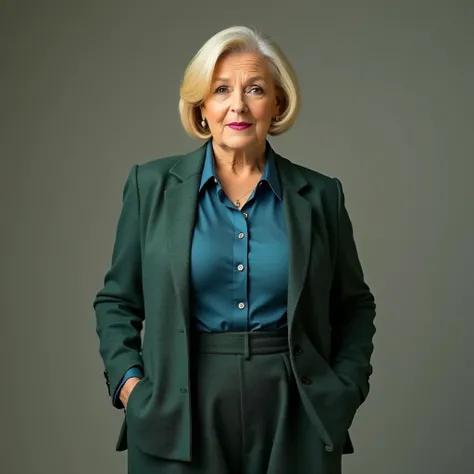 A realistic, high resolution photograph of a beautiful woman in her 60's; full body frontal view facing the camera with her arms at her side, looking at the camera. There is extra space in the photo above her head. She has an matronly, hourglass, fashion m...