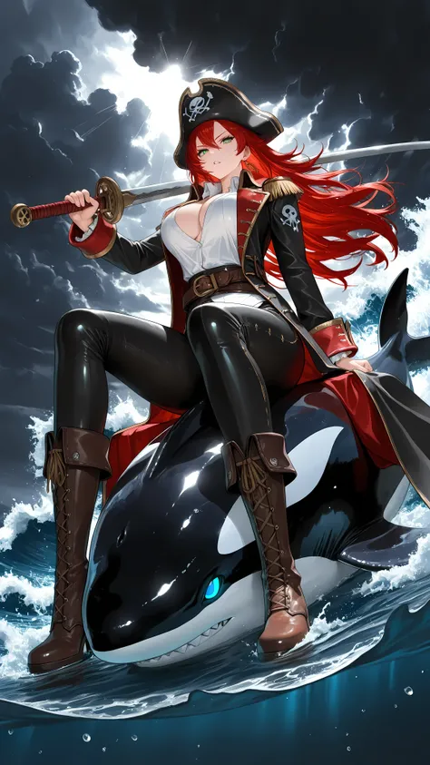 (masterpiece:1.3), (best quality), (ultra detailed), (dramatic lighting), (vertical composition:1.2), (centered composition:1.1),
a powerful beautiful female pirate, (on the orca's back), sitting astride a giant orca rising from stormy waves,
she holds a c...
