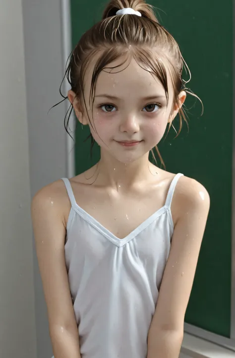 I'm an elementary school student、reality、cute、camisole、ponytail、wet eyes、(Gentle smile:0.5),skinny,from above