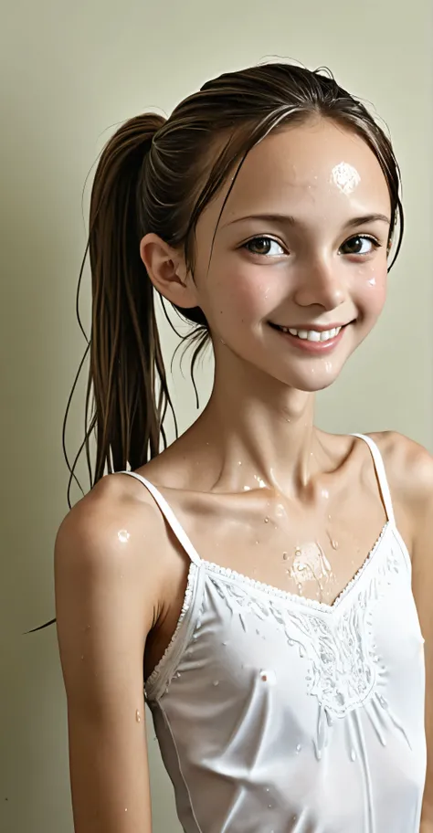 I'm an elementary school student、reality、cute、camisole、ponytail、wet eyes、(Gentle smile:1.2),(skinny:1.4),from above