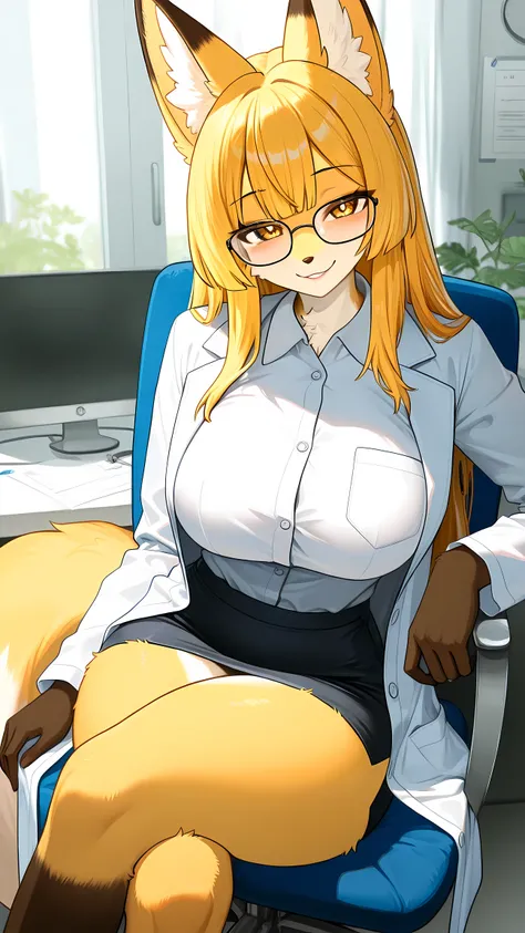 1girl, solo, original, furry, fox female, looking at viewer, naughty smile, fox ears, yellow hair, partial bangs, doctor, labcoat, glasses, collared shirt, sitting, crossed legs, indoors,
very awa, masterpiece, best quality, newest, very aesthetic. efined...