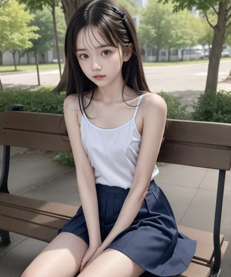 20 years old,cute girl,cute young girl,lanky,scrawny,short,skinny,thin body,underweight,younger,cute hairpins,sailor suit cosplay,navy blue skirt,realistic with a full body crouching,sit on a park bench,small breasts,Japanese,Narrow Shoulder,black tights f...