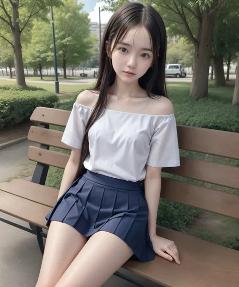20 years old,cute girl,cute young girl,lanky,scrawny,short,skinny,thin body,underweight,younger,cute hairpins,sailor suit cosplay,navy blue skirt,realistic with a full body crouching,sit on a park bench,small breasts,Japanese,Narrow Shoulder,black tights f...