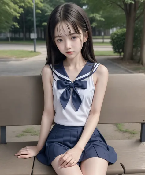 20 years old,cute girl,cute young girl,lanky,scrawny,short,skinny,thin body,underweight,younger,cute hairpins,sailor suit cosplay,navy blue skirt,realistic with a full body crouching,sit on a park bench,small breasts,Japanese,Narrow Shoulder,black tights f...