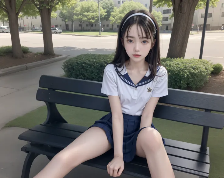 20 years old,cute girls,かわいいyounger女の子,slender,Skinny,short,skinny,slender body,Low body weight,younger,cute hairpins,sailor suit cosplay, navy blue skirt,with your whole body bent down,sitting on a park bench by an expert,small breasts,japanese,Narrow Sho...