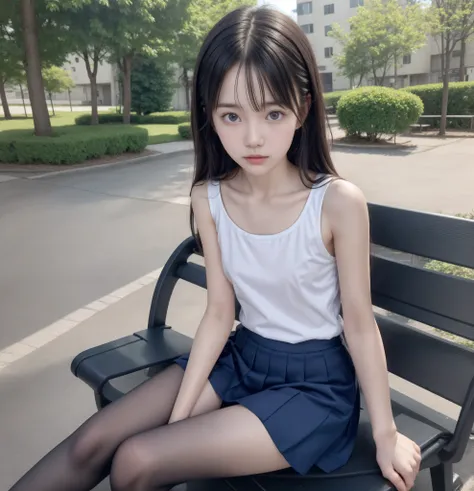 20 years old,cute girls,かわいいyounger女の子,slender,Skinny,short,skinny,slender body,Low body weight,younger,cute hairpins,sailor suit cosplay, navy blue skirt,with your whole body bent down,sitting on a park bench by an expert,small breasts,japanese,Narrow Sho...