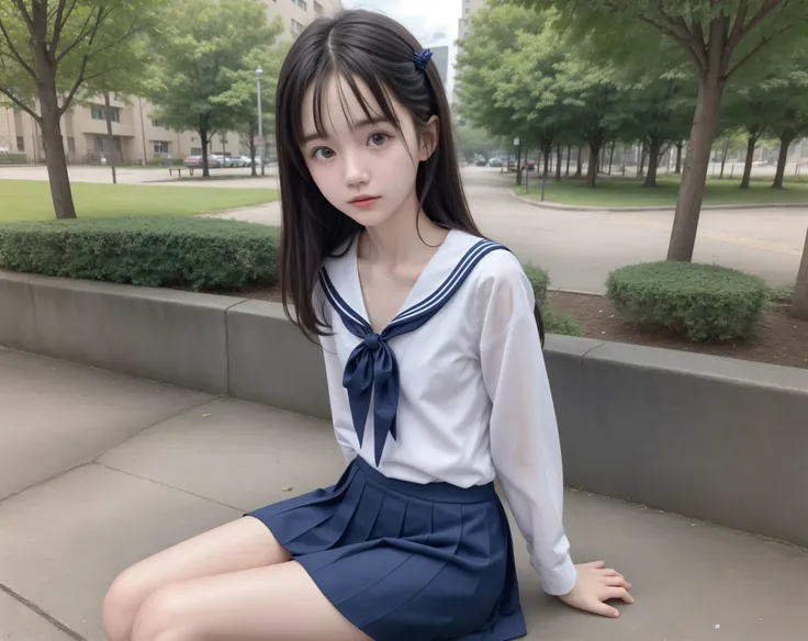 20 years old,cute girls,かわいいyounger女の子,slender,Skinny,short,skinny,slender body,Low body weight,younger,cute hairpins,sailor suit cosplay, navy blue skirt,with your whole body bent down,sitting on a park bench by an expert,small breasts,japanese,Narrow Sho...