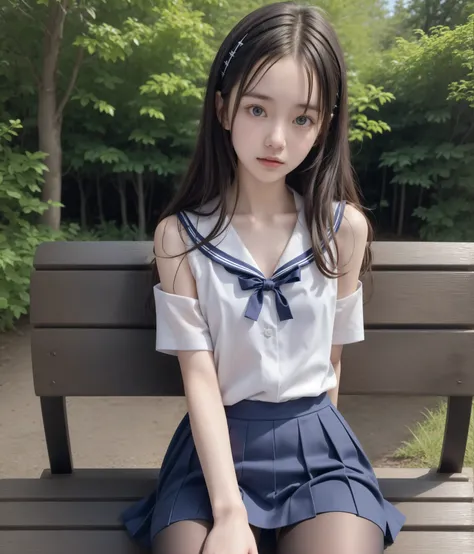20 years old,cute girls,かわいいyounger女の子,slender,Skinny,short,skinny,slender body,Low body weight,younger,cute hairpins,sailor suit cosplay, navy blue skirt,with your whole body bent down,sitting on a park bench by an expert,small breasts,japanese,Narrow Sho...