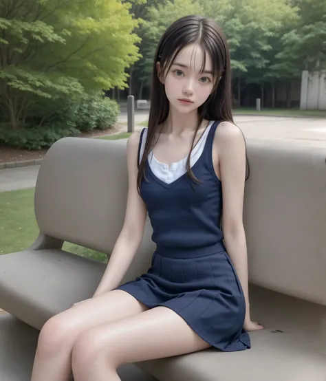 20 years old,cute girls,かわいいyounger女の子,slender,Skinny,short,skinny,slender body,Low body weight,younger,cute hairpins,sailor suit cosplay, navy blue skirt,with your whole body bent down,sitting on a park bench by an expert,small breasts,japanese,Narrow Sho...